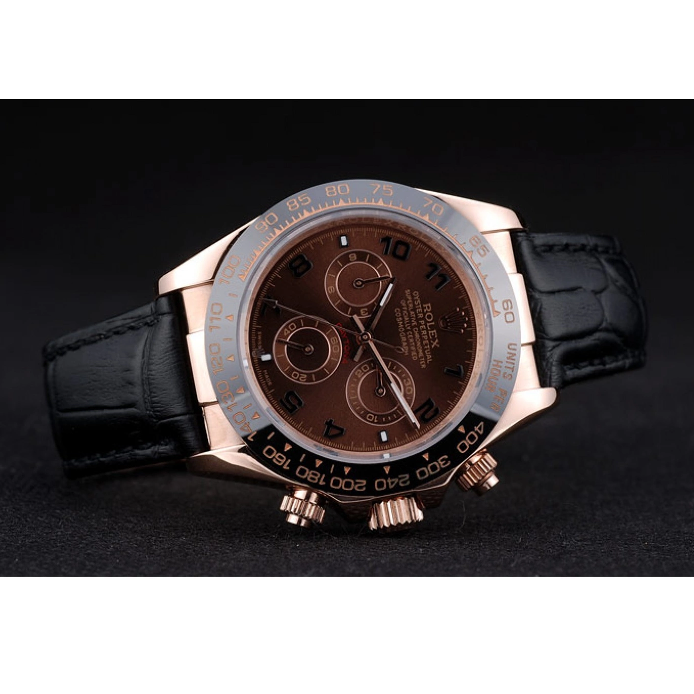 Aaa replica watch Ceramic Dial Daytona Leather Strap Rolex Bezel Black Black 41975 Brown 0602